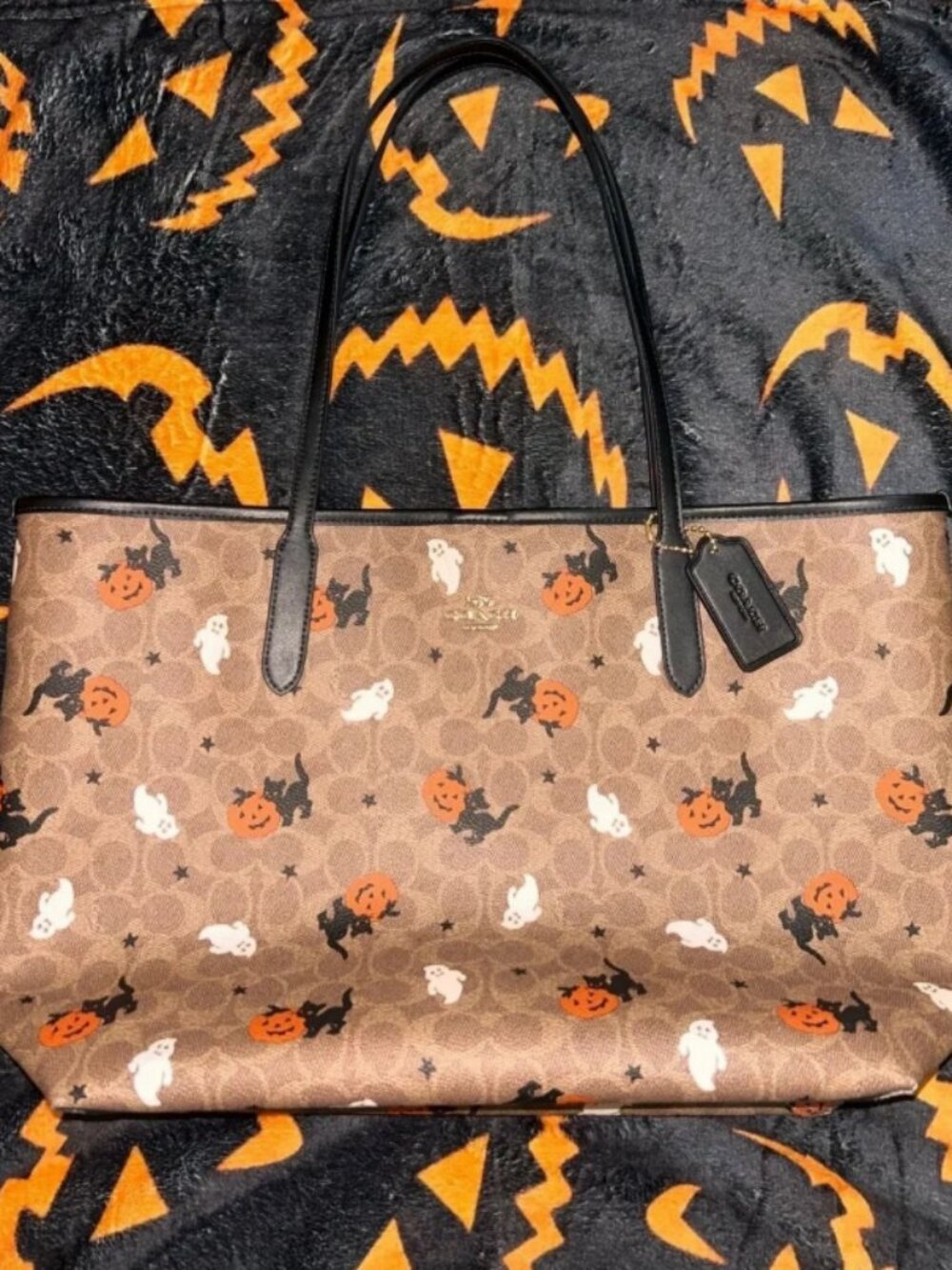 COACH Brown Halloween Pumpkin & Ghost Signature Tote with Black Trim